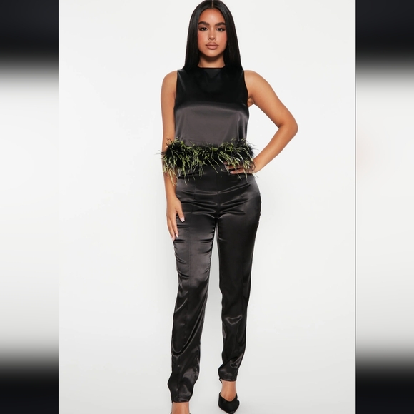 Fashion Nova Other - NWT Fashion Nova Black Satin Tank Feathery Top+Matching Pants